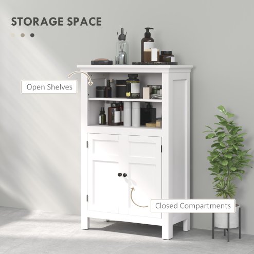 HOMCOM Modern Bathroom Storage Cabinet, Freestanding Bathroom Cabinet with Open Shelves, a Cupboard with Doors and Adjustable Shelves, White