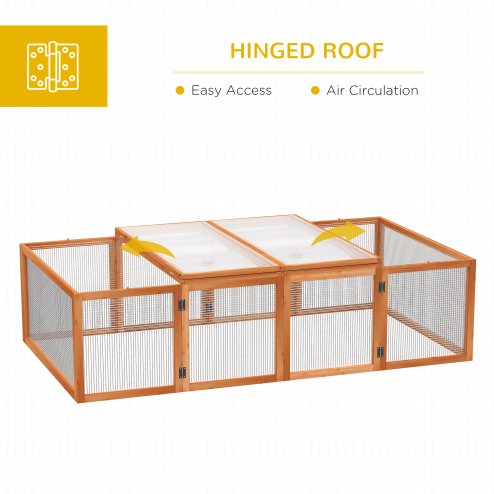 Pawhut Rabbit Run Wooden Rabbit Hutch Cage 6ft with Wire Mesh, Openable Roof, Play Space for Outdoor, 181 x 100 x 48 cm, Natural Wood Finish