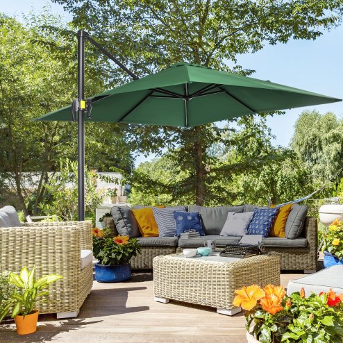 Outsunny 2.5 x 2.5m Patio Offset Parasol Umbrella Cantilever Hanging Aluminium Sun Shade Canopy Shelter 360 Rotation with Crank Handle and Cross Base, Green