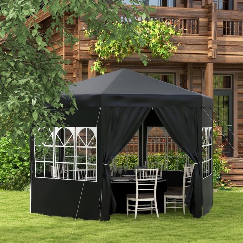Outsunny 4m Hexagonal Gazebo Canopy Party Tent with 6 Removable Side Walls for Outdoor Event with Windows and Doors, Black