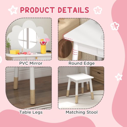 AIYAPLAY Kids Dressing Table with Mirror, Stool, Kids Vanity Table with Cloud Design, Drawer, for Ages 3-6 Years, White