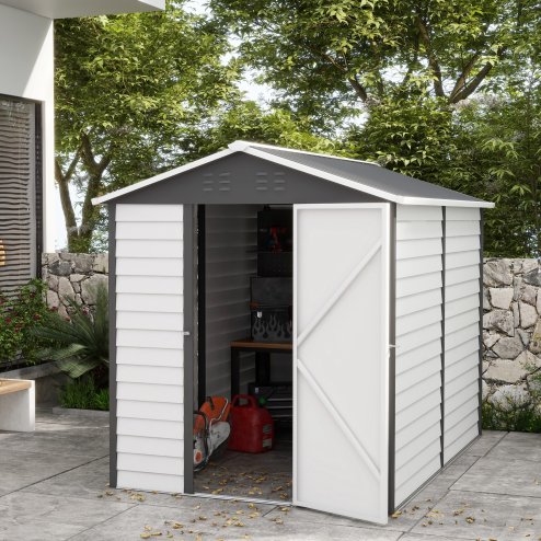 Outsunny 9 x 6FT Galvanised Metal Garden Shed, Galvanised Tool Storage Shed with Window Lockable Door, Sloped Roof, Outdoor Storage Shed for Yard, Patio, Lawn, Dark Grey