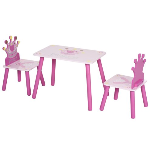 HOMCOM 3 Pcs Kids and Table Chair Set Princess & Crown Theme Home Furniture Pretty Gift 2-4 Years Pink Image