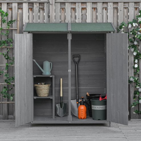 Outsunny Small Shed, Wooden Garden Shed with Flexible Table, Hooks and Ground Nails, Lockable Tool Shed with Asphalt Roof, 140 x 75 x 157cm, Grey