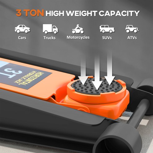 HOMCOM 3 Ton Hydraulic Low Profile Floor Jack, Heavy Duty Car Trolley Jack Lift with 7.5-50.5 cm Lifting Range, Dual Piston Pump, Wheels, Non-slip Handle for Car Van Garage Tyre Repair Change, Orange