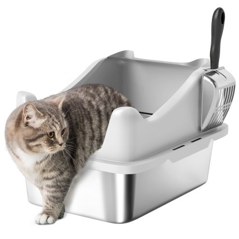 PawHut Cat Litter Tray Stainless Steel, Cat Litter Box High Sided with Metal Litter Scoop, Never Absorbs Odors, Anti Leakage & Easy to Clean, 43 x 33 x 25 cm, Grey Image