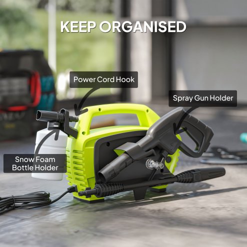 Outsunny 1600W High Pressure Washer, 130 Bar Pressure, 390 L/h Flow, Portable Power Washer Jet Wash Cleaner with Adjustable Nozzle, 6M Hose, Handle for Home Patio Car Driveway, Green
