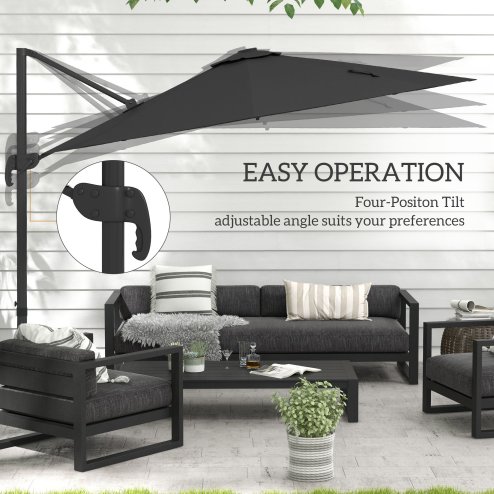 Outsunny 3(m) Cantilever Roma Parasol Adjustable Garden Sun Umbrella with LED Solar Light, Aluminium Frame, Tilt & Crank, UV50+, Cross Base Rotating Outdoor- Dark Grey