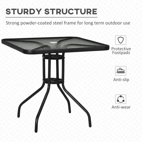 Outsunny 76 cm Square Dining Table with Parasol Hole, Outdoor Coffee End Side Table with Tempered Glass Top, Steel Frame for Garden, Patio, Black
