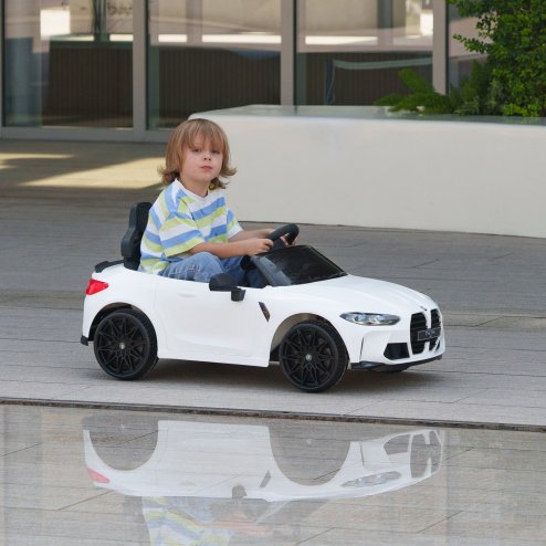 AIYAPLAY BMW M4 Licensed Electric Car for Kids, 12V Kids Electric Ride on with Remote Control, Suspension, Music, Horn, LED Lights, for Ages 3-5 Years, White