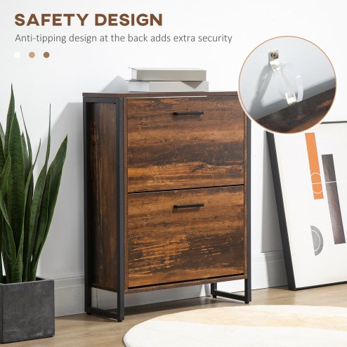 HOMCOM Industrial Shoe Cabinet with 2 Flip Drawers, Narrow Shoe Storage Cabinet for 12 Pairs, Freestanding Slim Shoe Rack for Entryway, Hallway, Rustic Brown