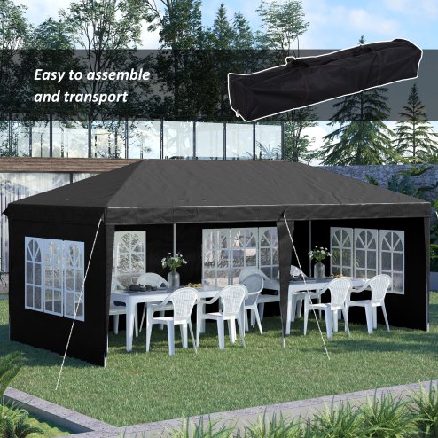 Outsunny 3 x 6m Garden Pop Up Gazebo, Height Adjustable Marquee Party Tent with Sidewalls, Storage Bag, Black