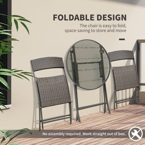 Outsunny 3 Pieces Rattan Bistro Set, Wicker Folding Garden Furniture Set with Round Glass Top Coffee Table and Chairs for Outdoor, Patio, Balcony, Brown
