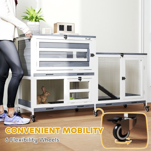 PawHut Rabbit Hutch with Run, 2-Tier Wooden Guinea Pig Hutch with Wheels, 2 Openable Tops, 3 Plastic Trays, Small Animal House Indoor for 2-3 Bunnies, Guinea Pigs, 147 x 45 x 89.5cm, Grey
