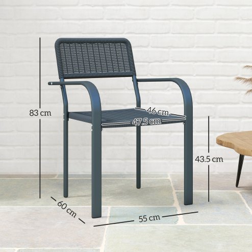 Outsunny Garden Chairs Set of 4, Stackable Rattan Effect Dining Chairs with Armrest, Weather Resistant and Lightweight Outdoor Furniture Armchairs for Patio, Balcony, Terrace, Dark Grey