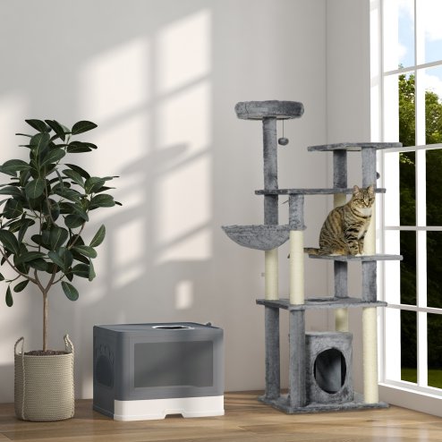 PawHut Cat Litter Tray with Hood Cat Litter Box with Brush, Front Entry, Top Exit, Removable Tray, Scoop, 48.5 x 38 x 36.5cm - Grey