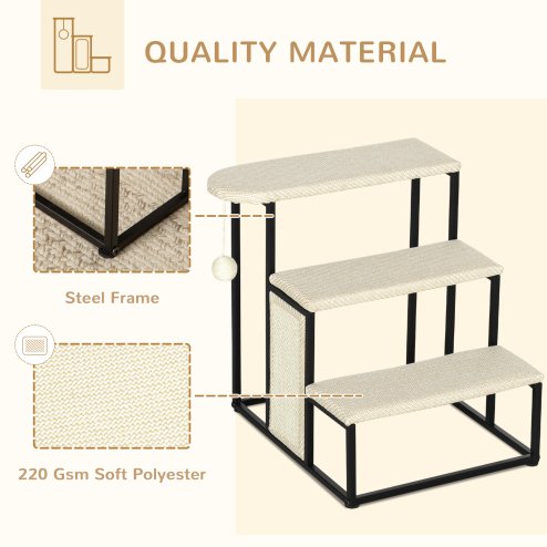 PawHut 3 Steps Dog Stairs, Pet Steps for Cat for Sofa and Bed with Sisal Scratching Board, Hanging Toy Ball, 47 x 45 x 47cm - Cream White