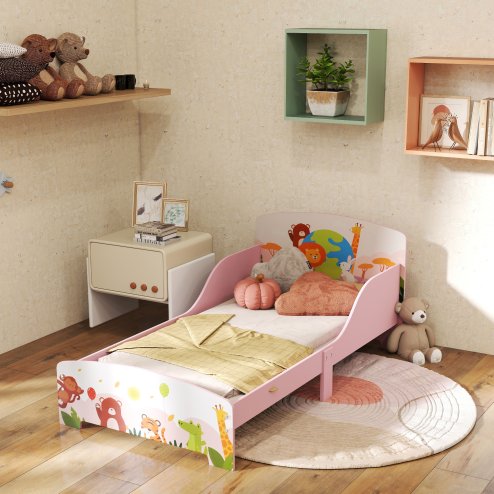 AIYAPLAY Toddler Bed, Cute Animal-Themed Kids Bed Frame with Safety Rails, Kids Bedroom Furniture, 143 x 77 x 60cm, Pink