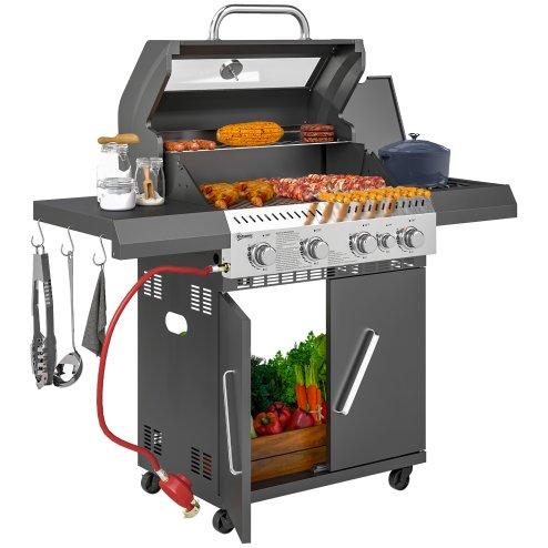 Outsunny 4+1 Burner Gas BBQ Grill with Clear View Lid, Portable Gas Barbecue Grill with Built-in Thermometer, Side Table, Cabinet, Wheels, Grease Tray for Garden Party Outdoor Cooking, Black