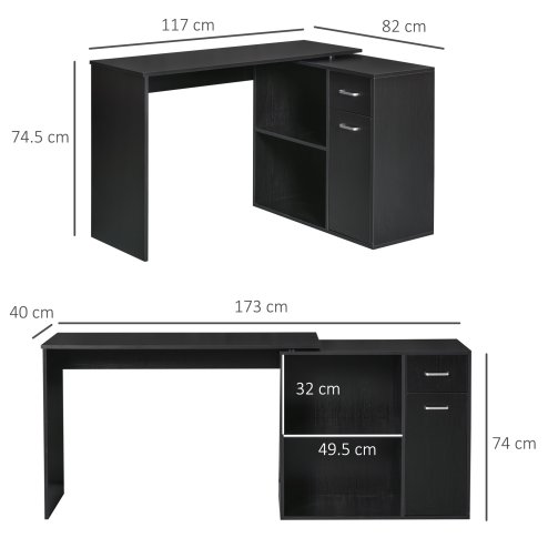 HOMCOM L-Shaped Desk, Corner Computer Desk, Adjustable Study Table with Storage Shelf, Drawer and Cabinet, Workstation for Home Offic