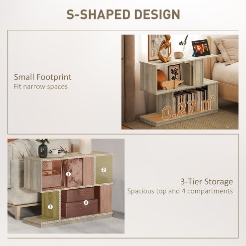 HOMCOM S-Shaped Side Table, 3-Tier Narrow End Table with Storage Shelves, Modern Nightstand for Living Room, Bedroom, 90W x 30D x 61H cm, Natural Wood Finish