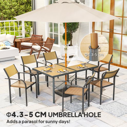 Outsunny Garden Table for 6, 150 cm Rectangular Outdoor Dining Table with 5 cm Umbrella Hole, Wood Effect Top, Rust Resistant Frame, for Patio, Balcony, Terrace, Natural Wood Finish