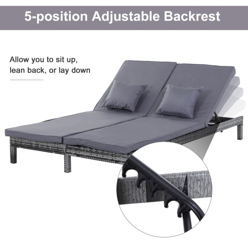 Outsunny Double Rattan Sun Lounger, Garden Daybed with 5-Level Adjustable Backrest, Outdoor Lounge Sunbed with Cushion and Pillows, 2 Seater Wicker Patio Furniture, Grey