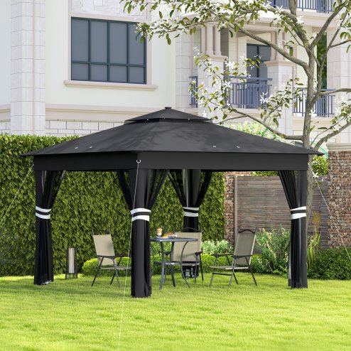 Outsunny 3 x 3(m) Pop Up Gazebo with Sides, 20 Solar-Powered LED Lights, Netting, Roller Bag, 4 Weight Bags, Marquee Party Tent, Height Adjustable Instant Event Shelter, Black