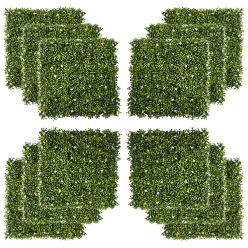 Outsunny 12PCS Artificial Boxwood Wall Panels 50cm x 50cm Grass Privacy Fence Screen Faux Hedge Greenery Backdrop Encrypted Milan Grass with White Flowers for Home Garden Backyard Balcony