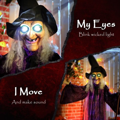 Outsunny 183 cm Life Size Halloween Animated Standing Witch & Broomstick with Glowing LED Eyes, Spooky Witch Scary Halloween Decorations, Battery Operated, Indoor Party Props