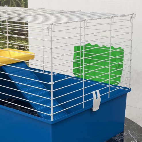 PawHut Guinea Pig Cage Chinchillas Rabbit Small Animal Cage with Ramp, Dish, Water Bottle, 71 x 46 x 47cm, Blue