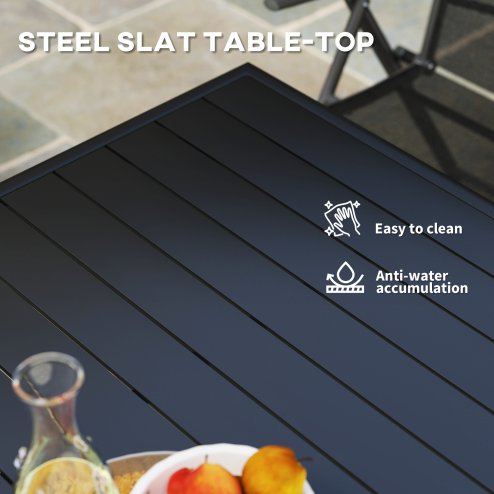 Outsunny Garden Dining Table for 4 Person, Square Outdoor Table with Easy Clean Slat Top, Rust Resistant Steel Frame, for Terrace, Balcony, 80 x 80 x 74 cm, Black