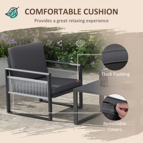 Outsunny 4 Pieces Aluminium Garden Furniture Set with Cushions, Patio Furniture Set with Slatted Aluminium Top Coffee Table, Sofa Set with Rope Decoration Weave Armchairs, Black
