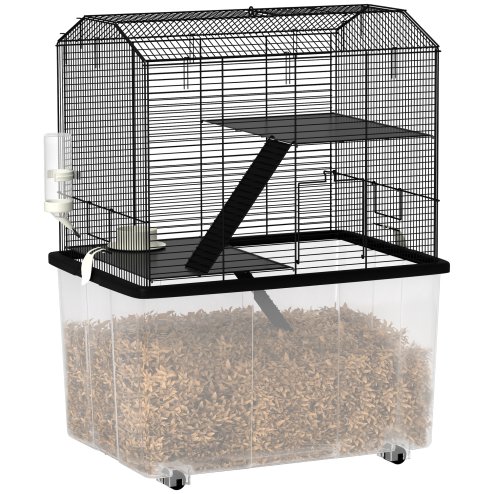 PawHut Hamster Cage, Gerbil Cage 3 Tier with Wheels, Deep Bottom, Ramps, Food Dish, Water Bottle, for Dwarf, Syrian, 57 x 43 x 74cm - Black