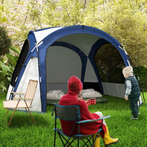 Outsunny Dome Tent for 6-8 Person, Camping Tent with 4 Zipped Mesh Doors, Removable Polyester Cloth, Lamp Hook, Portable Carry Bag, Screen House, White and Blue