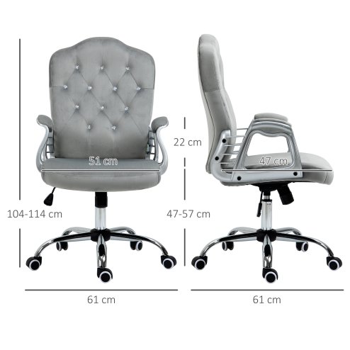 Vinsetto Home Office Chair, Velvet Computer Chair, Button Tufted Backrest with Swivel Wheels, Adjustable Height and Tilt Function, Grey