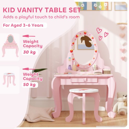 AIYAPLAY Kids Dressing Table Set, Two-Piece Children Vanity Table with Stool, Mirror, Drawer, Desktop Storage, Strawberry-Theme Makeup Desk, Chair, Pink