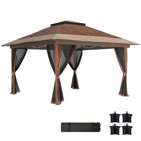 Outsunny 3.6 x 3.6m Pop Up Gazebo with Mesh Sides, UPF50+ Height Adjustable Party Tent Instant Event Shelter with Wheeled Carry Bag and Sand Bags for Garden, Patio, Brown