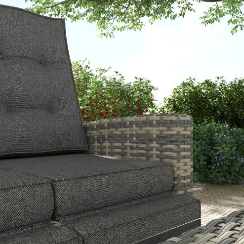 Outsunny 4 Piece Rattan Garden Furniture Set with Adjustable Backrest, Wicker Outdoor Furniture Sofa Set with Loveseat, Reclining Armchairs, Thickened Cushions and Glass Top Table, Light Grey