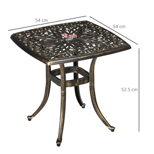 Outsunny Outdoor Garden Table with 38mm Dia. Umbrella Hole, Cast Aluminium Patio End Table with Anti-slip Foot Pads for Garden, Patio, Balcony, 54 x 54cm, Bronze Tone