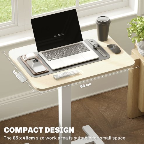 Vinsetto 65 - 48cm Mobile Standing Desk with 4 Rolling Castors, Stand Up Desk on Wheels, Height Adjustable Standing Desk, Over-bed Table for Living Room, Bedroom, Medical, Natural Wood Finish