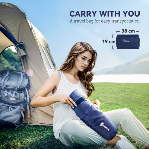 Outsunny 2 Person Camping Inflating Sleeping Mat Inflatable Mattress Ultralight Folding Bed Portable Air Bed for Outdoor Backpacking Hiking Travel - Navy Blue