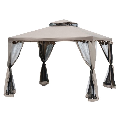 Outsunny 3 x 3 m Metal Gazebo, Garden Pavillion, Double Roof Outdoor Canopy Shelter with Mesh Sidewalls, Taupe