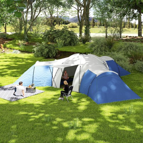 Outsunny 6-9 Man Large Tunnel Tent with 3 Bedroom, Living Area and Porch, 2000mm Waterproof Camping Tent, Portable with Bag, for Fishing Hiking Festival, Blue