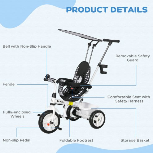 HOMCOM Trike, 6 in 1 Tricycle for Kids, Baby Trike with Push Handle, Removable Canopy, 5-Point Safety Harness, Storage Basket, for 18-60 Months, White