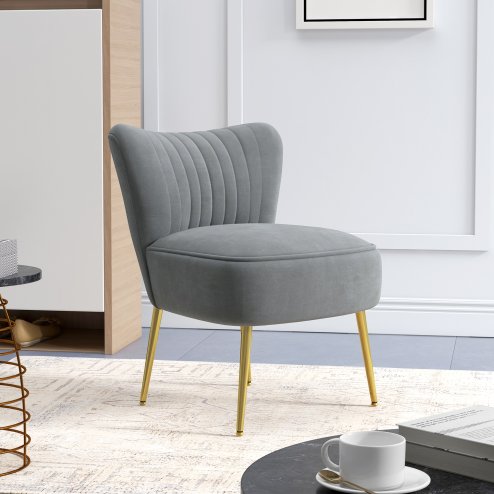 HOMCOM Armless Accent Chair, Upholstered Velvet Lounge Chair with Gold Tone Steel Legs for Bedroom, Living Room, Grey