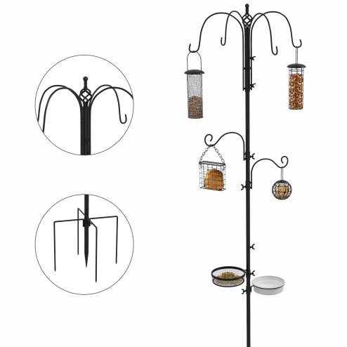 Pawhut Bird Feeding Station Kit, Wild Bird Feeder Pole with 6 Hooks, 4 Hanging Feeders for Peanuts, Seed, Fat Balls, for Garden, Outdoor, Black Image