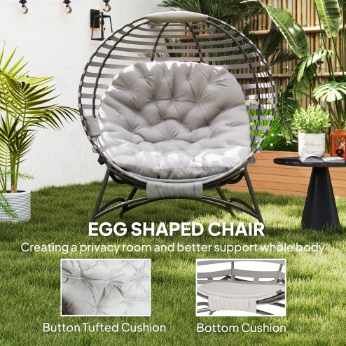 Outsunny Egg Chair with Soft Cushion, Outdoor Lounge Chair with Steel Frame and Side Pocket, Garden Leisure Seat for Indoor, Outdoor, Light Grey