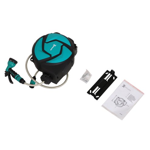 DURHAND 10m Garden Hose Reel Wall Mounted Auto Rewind with 7 Patterns Spray Nozzle, Includes Wall Fixings