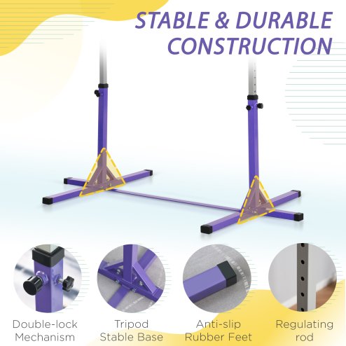 HOMCOM Height Adjustable Gymnastics Horizontal Bar For Kids Home Gym Training Children Junior Kip High Bar Fitness, Purple